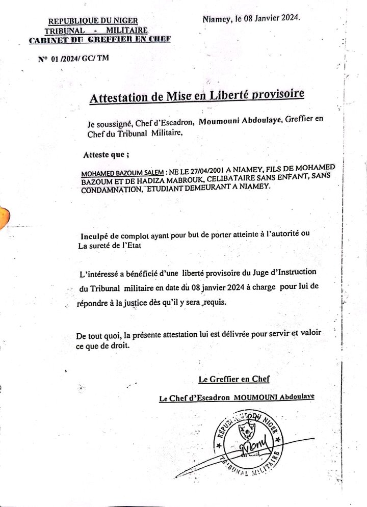 Attestation mise en liberte Salem Bazoum