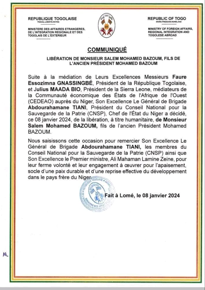 Attestation mise en liberte Salem Bazoum