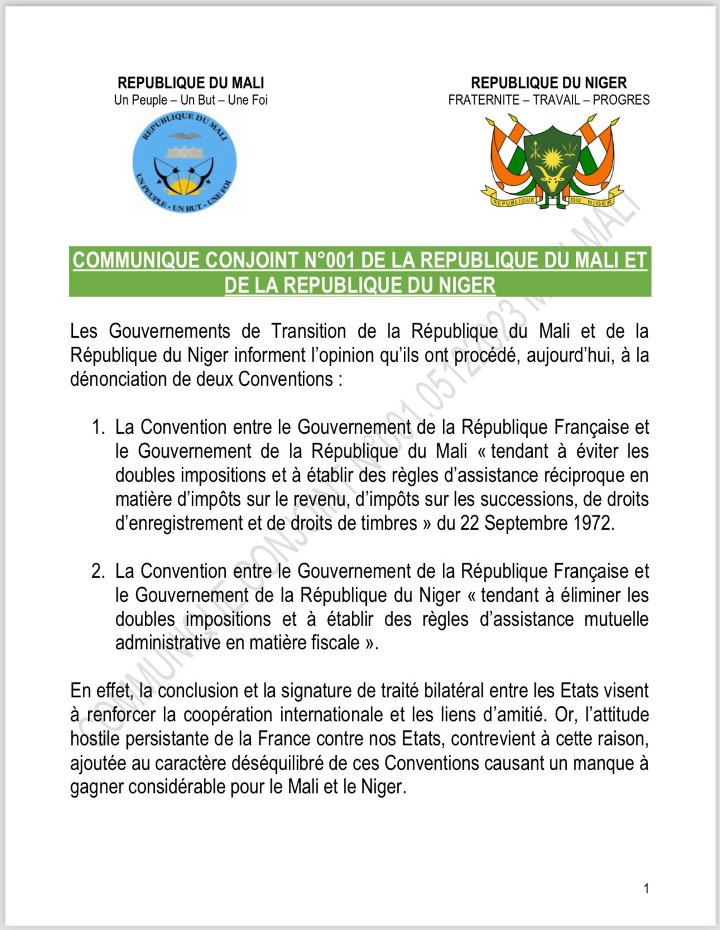 Communique Conjoint Mali Niger