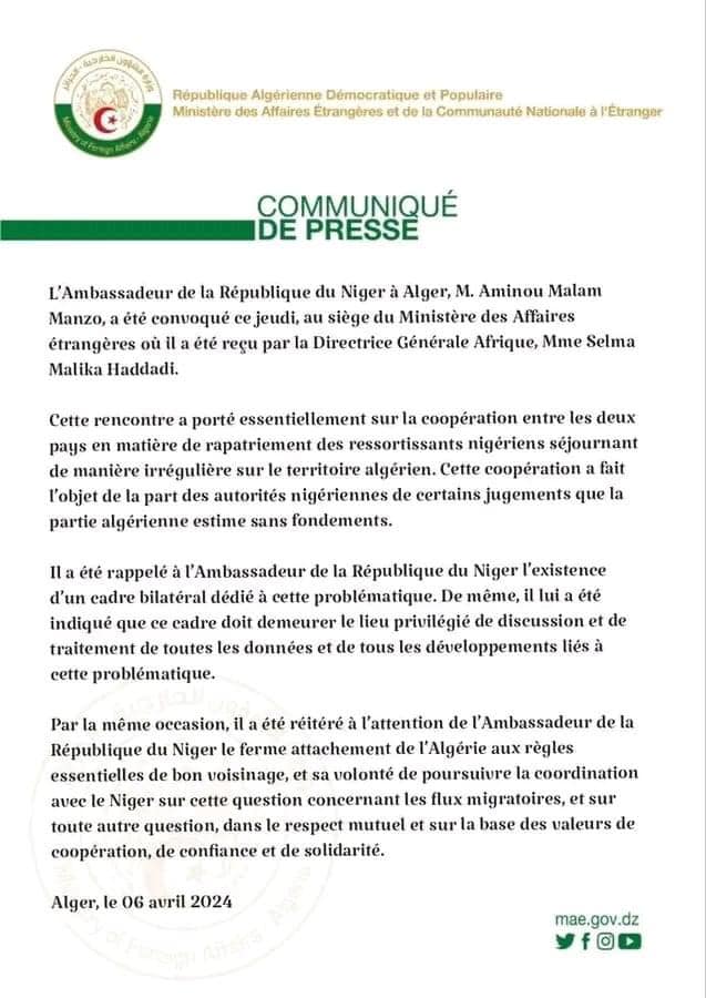 Convocation Ambassadeur Niger en Algerie