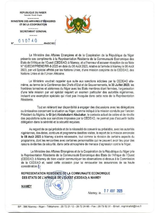 Lettre CNSP a la CEDEAO