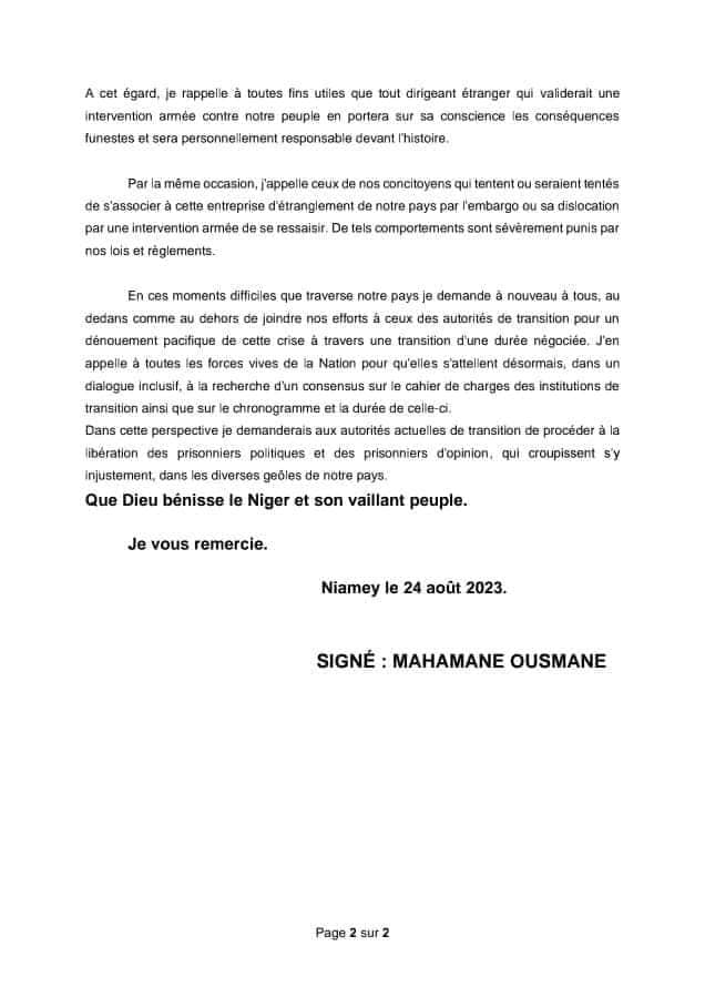Message Mahamane Ousmane 24 08 2023 BIS