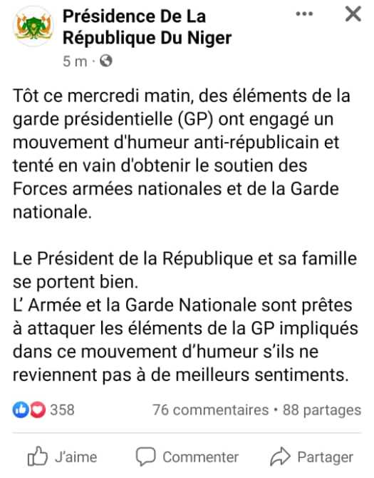 Publication Facebook Presidence Niger