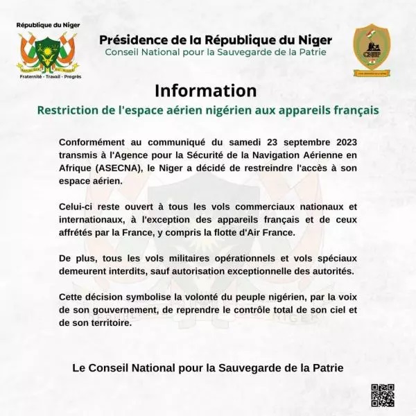 Restriction espace aerien nigeriens appareils francais