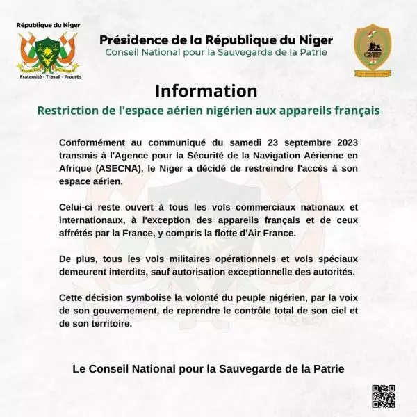 Restriction espace aerien nigeriens appareils francais