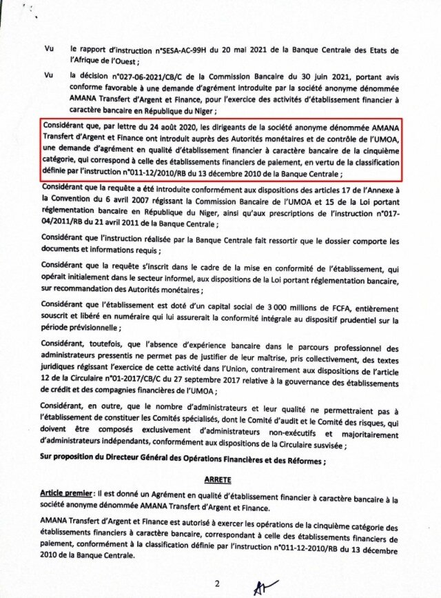 arrete ministre Finance AMANA Transfert BIS1