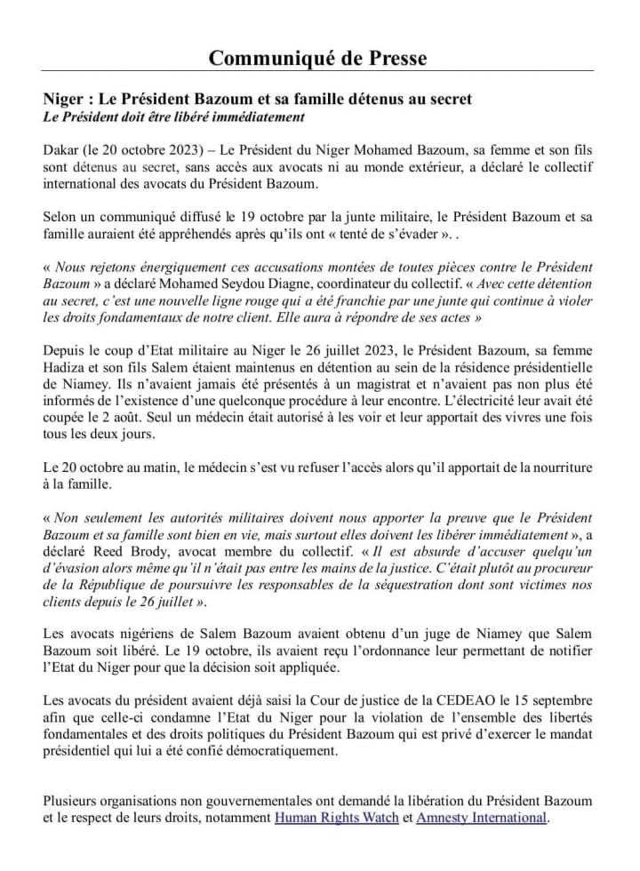 communique de presse avocats Bazoum 20 10 2023 BIS