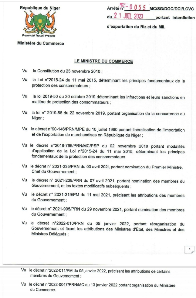 interdiction exportation ble et riz ministere commerce BIS