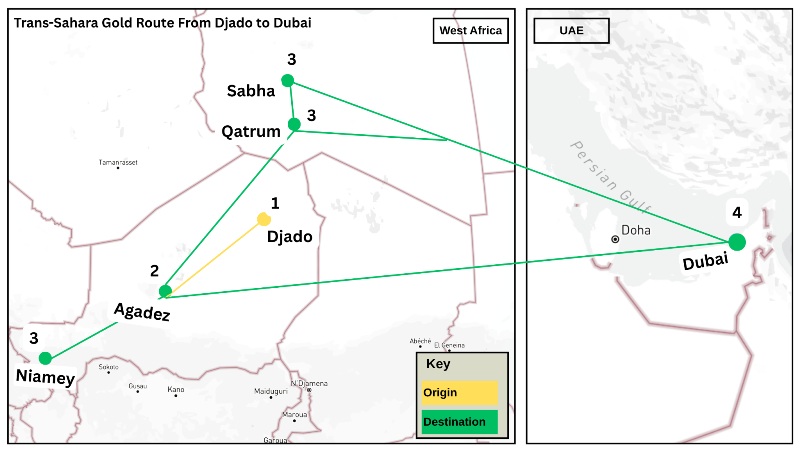 Carte illustrant parcours de l or en contrebande depuis Djado jusqua Dubai