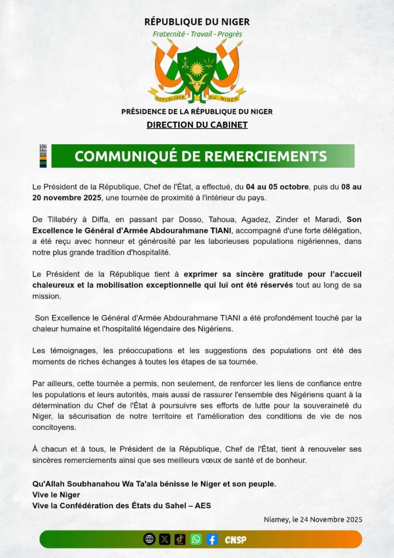 communique remerciement Tiani