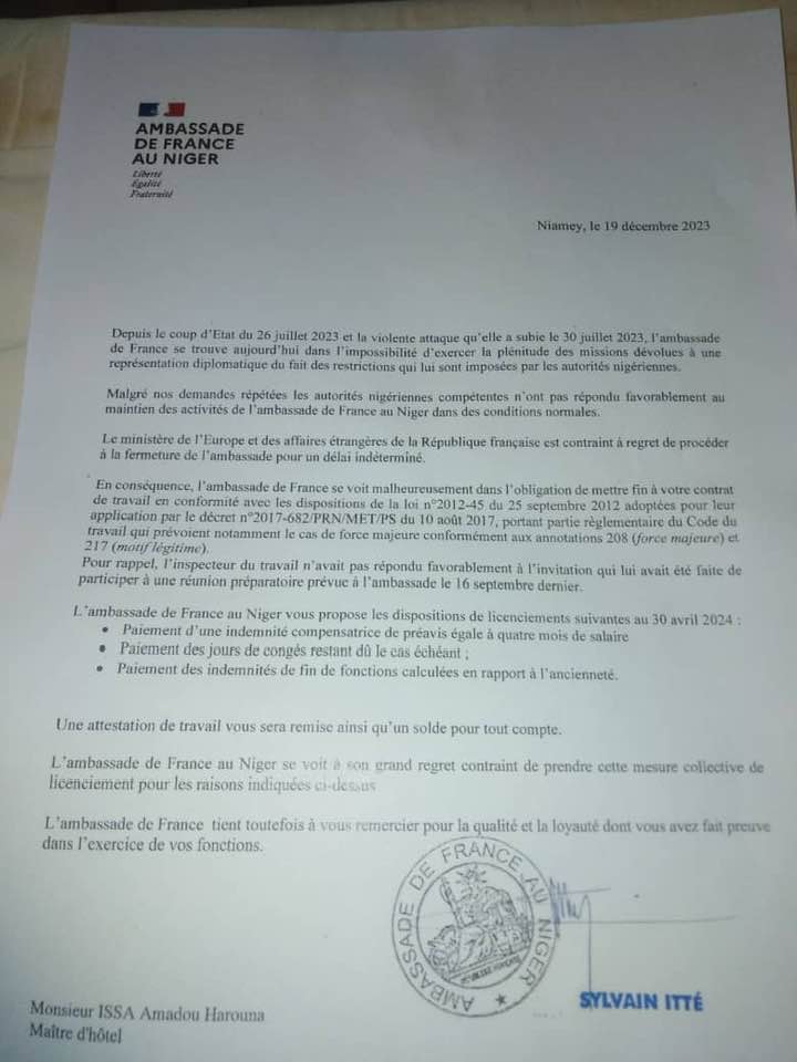 courrier Sylvain Itte personnel ambassade Niger