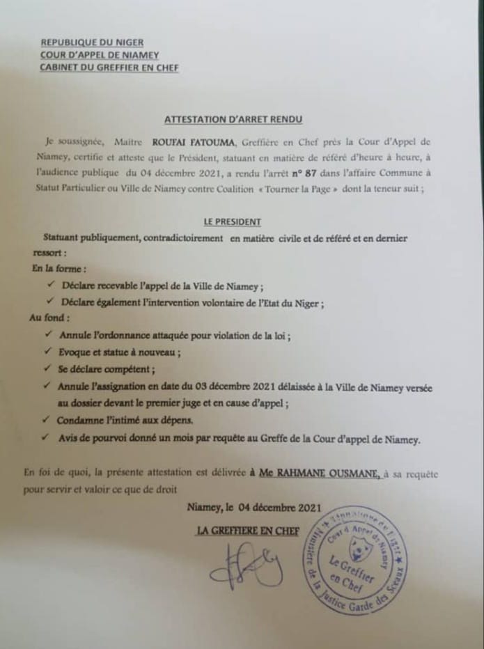 Attestaion arret rendu TPL vs Ville de Niamey