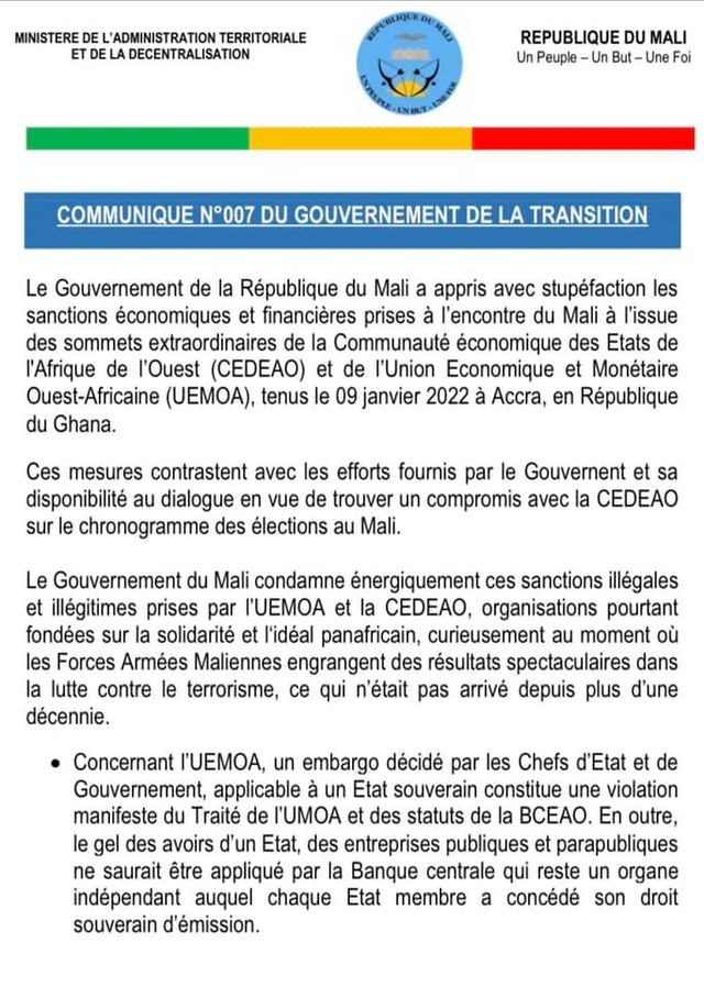 COMMUNIQUE DU MALI 10 01 2022