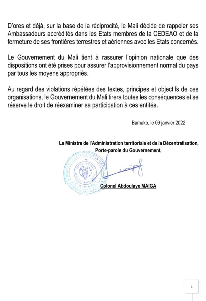 COMMUNIQUE DU MALI 10 01 2022 BIS