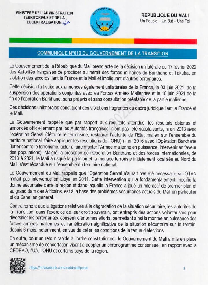 Communique Transition Mali 18 02 2022