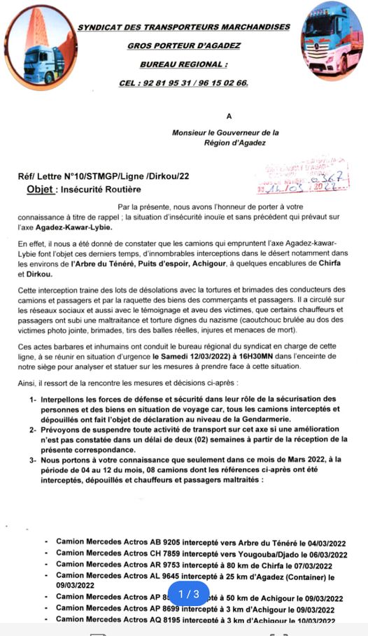 Lettre syndicat routiers Agadez