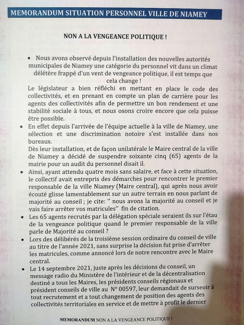 Memorudum situation personnel ville Niamey