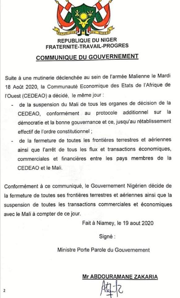 communique gouvernement niger 19 08 2020