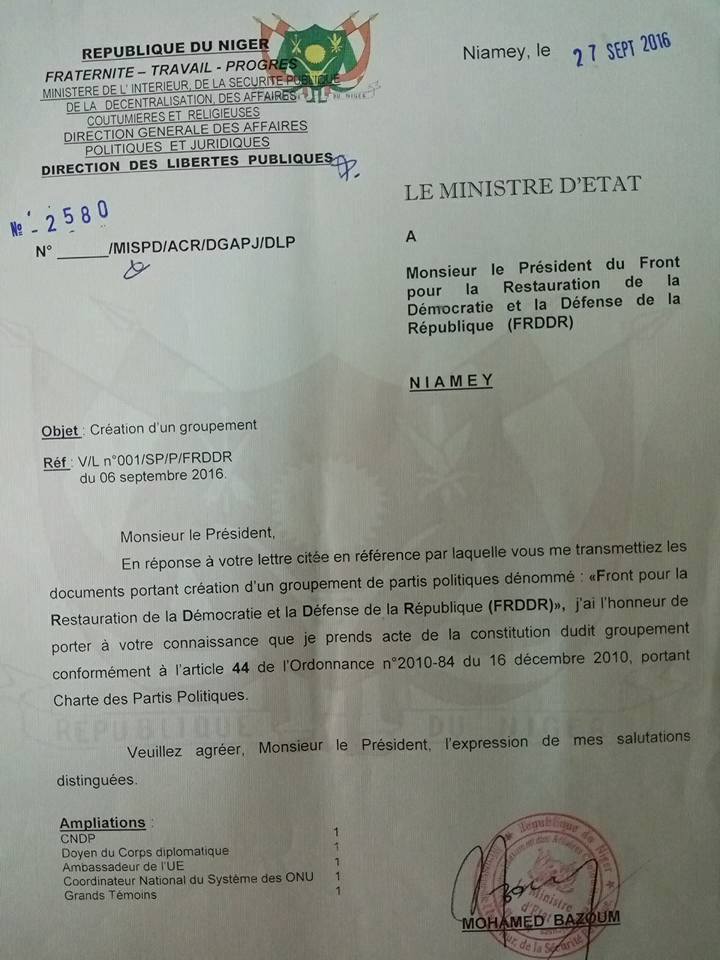 Bazoum reconnait FRDDR