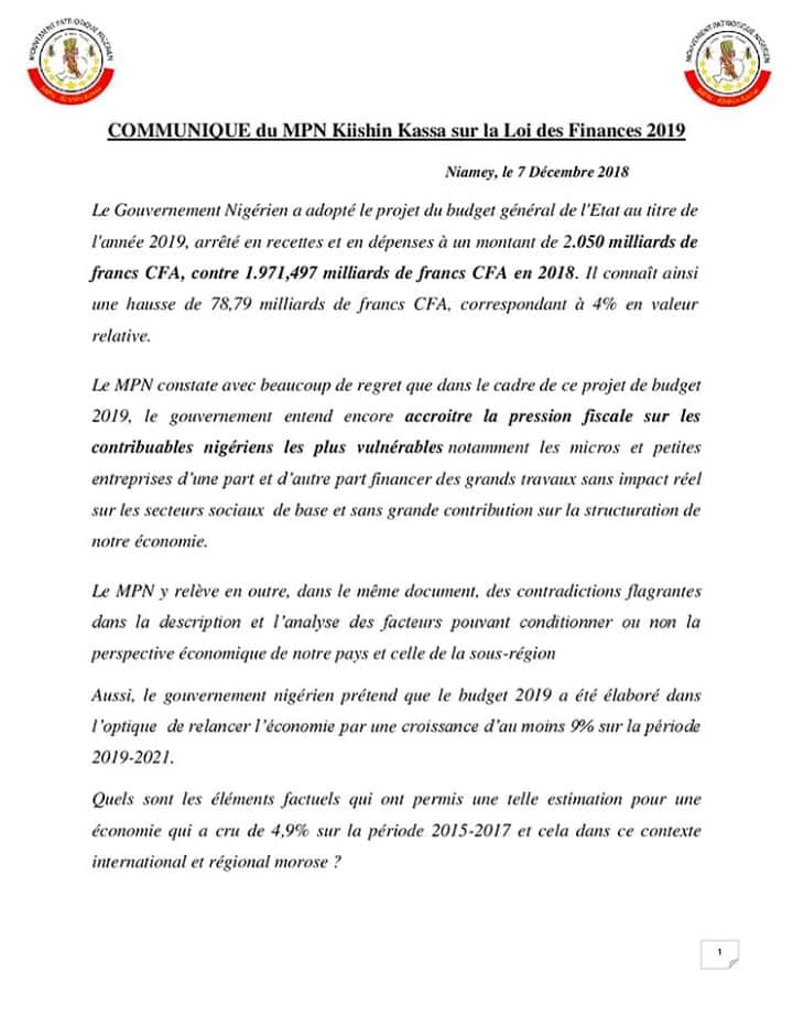 communique MPN adoption loi finance 2019
