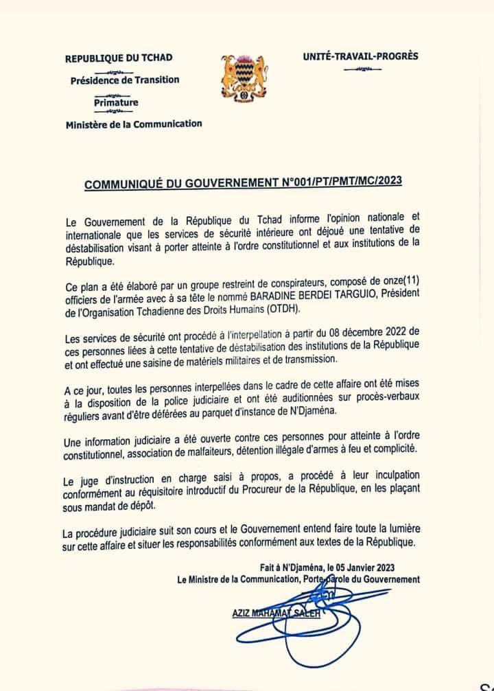 COMMUNIQUE GOUVERNEMENT TCHAD