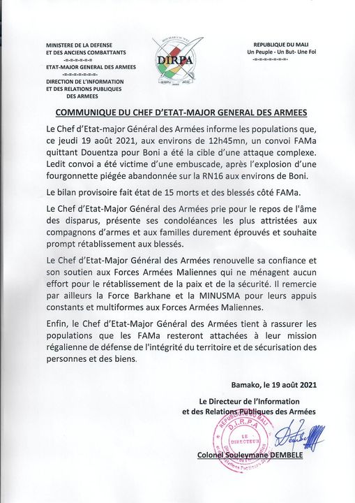 Communique etat major armee Mali 19 08 2021