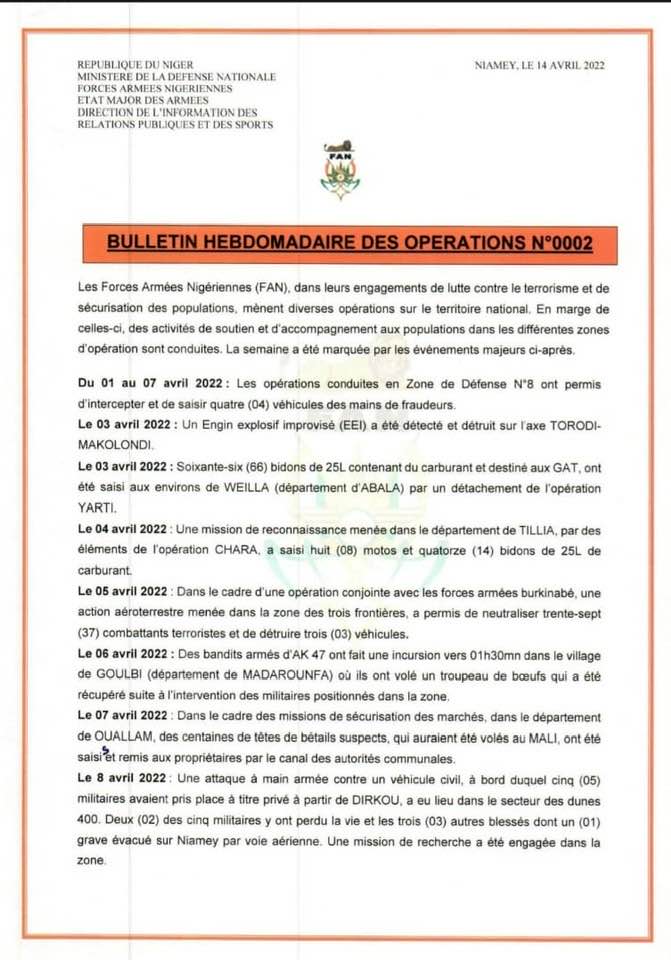 Bulletin hebdomadaire 14 04 2022