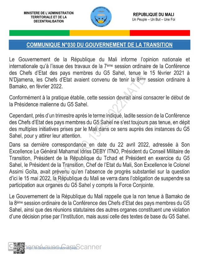 Communique Gouv Mali 15 05 2022