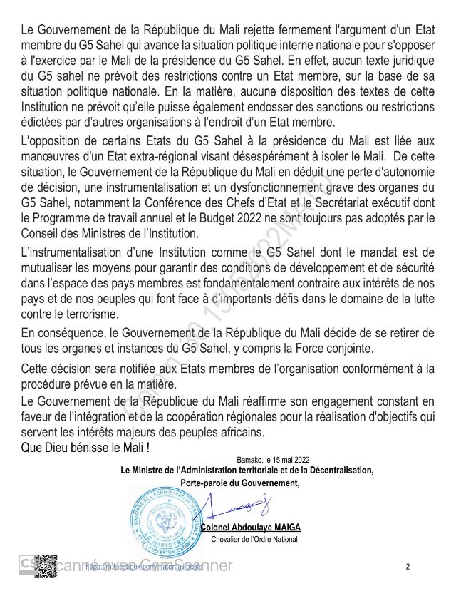 Communique Gouv Mali 15 05 2022 BIS