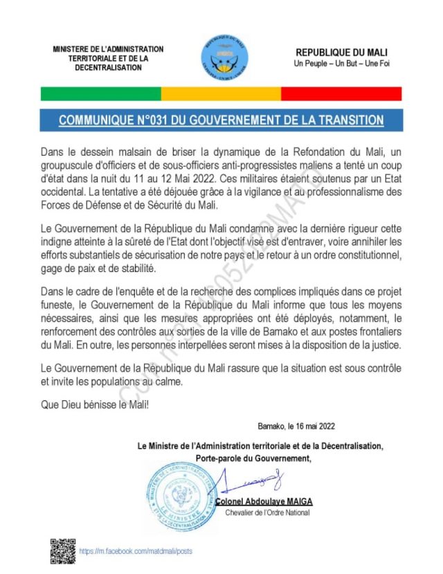 Communique Gouv Mali 16 05 2022