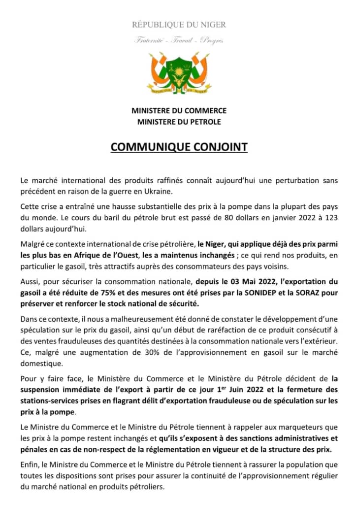 Communique conjoint Ministere Petrole et Commerce