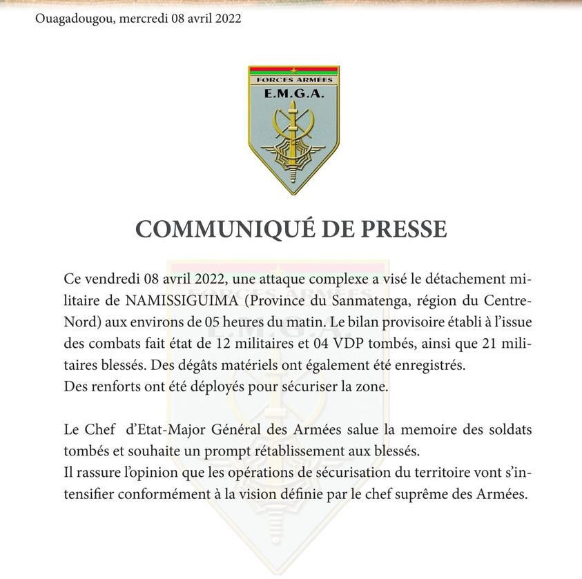 Communique de pesse Force armee BF 08 04 2022