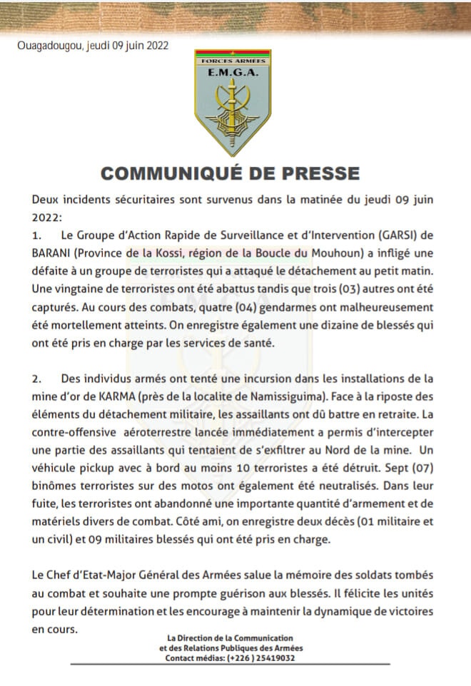 Communique presse armee BF 09 06 2022