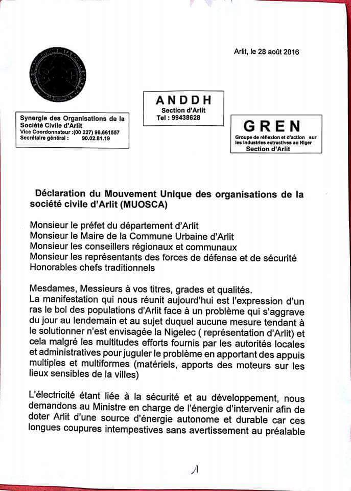 Declaration societe civile Arlit du 28 08 2016