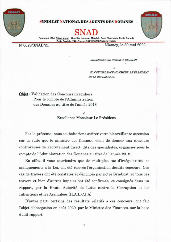 lettre Snad au Pr Bazoum