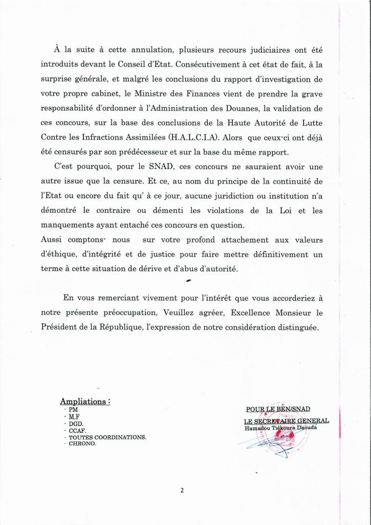 lettre Snad au Pr Bazoum BIS