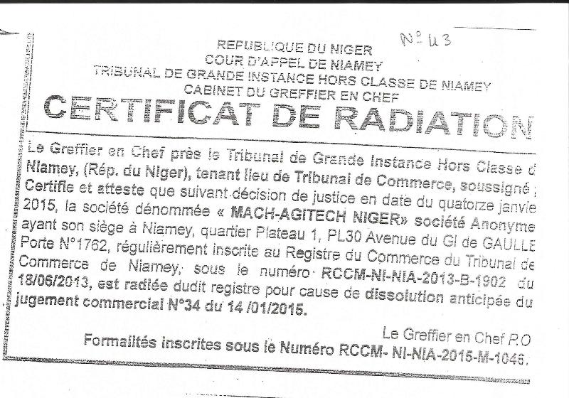 certificat de radiation