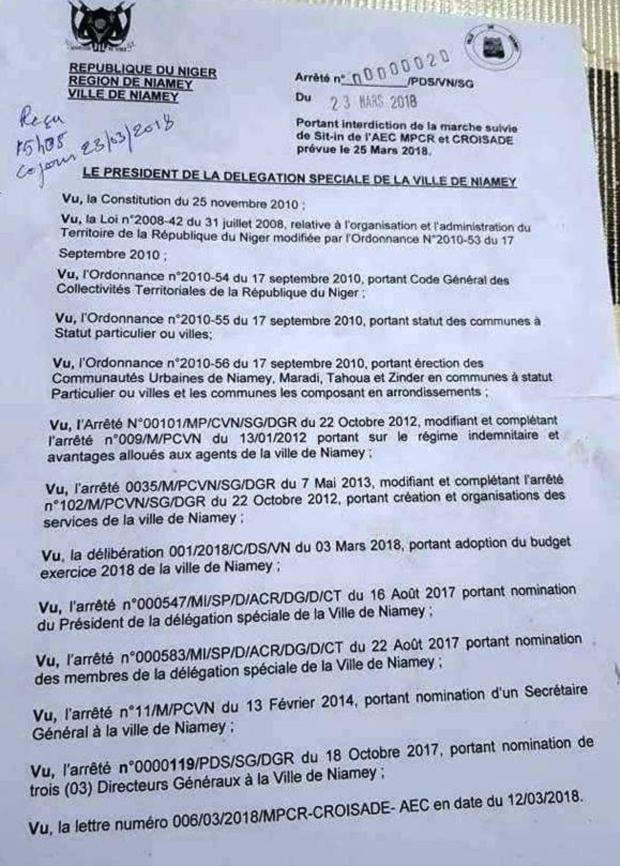Interdiction marche du 25 Mars 2018 Niamey bell