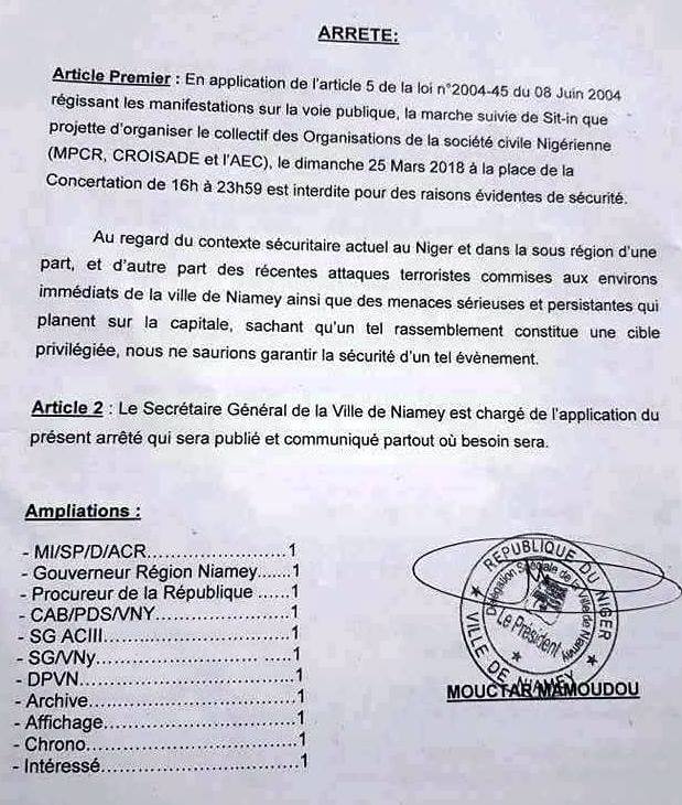 Interdiction marche du 25 Mars 2018 Niamey BIS