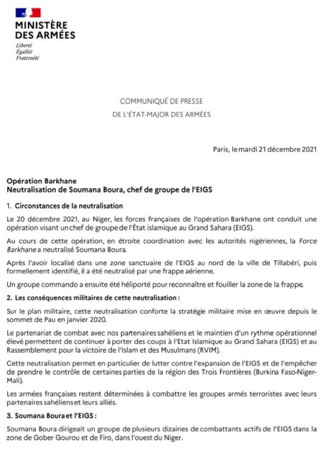 Communique Etat Major France