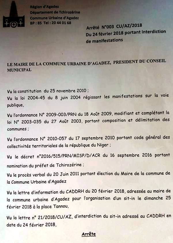 arrete du maire agadez sit in du 25 02 2018 0