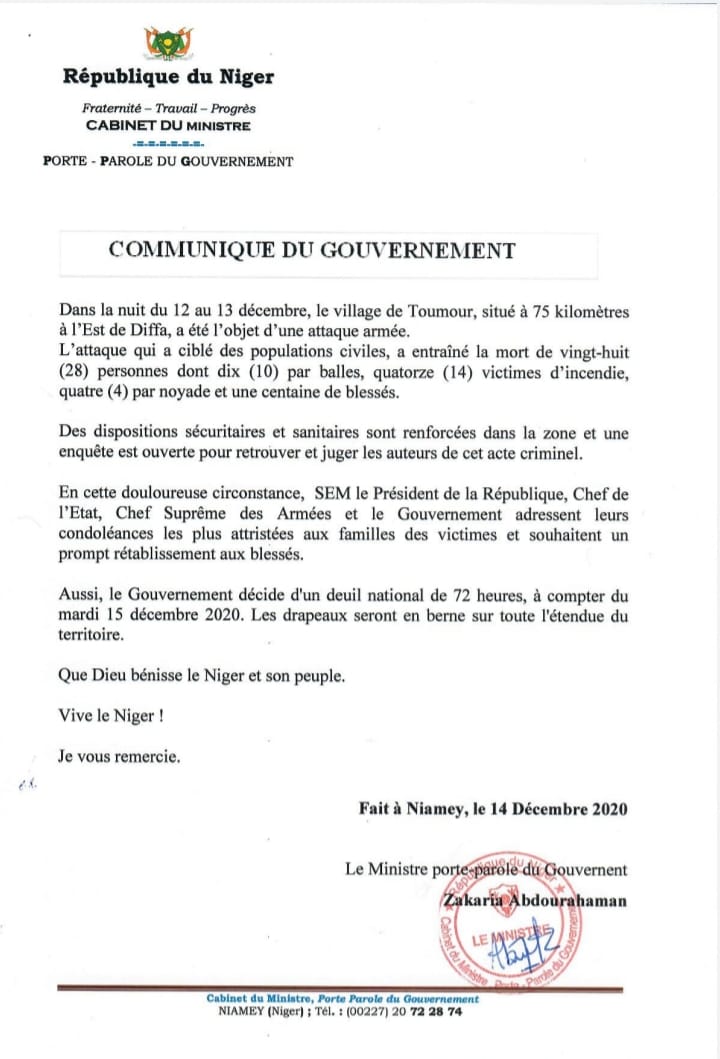 communique gouvernement attaque toumour