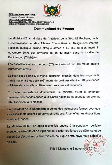 communique ministere interieur attaque banibangou