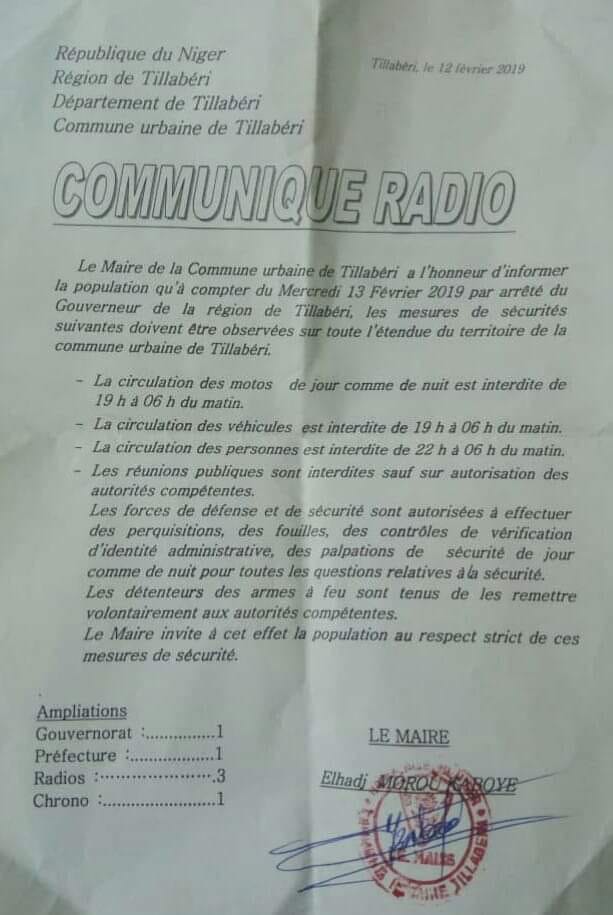communique radio maire Tilabery