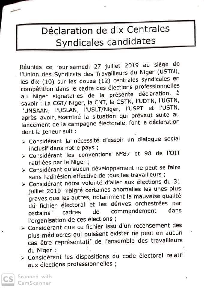 declaration centrale syndicale syndicat 27 07 2019