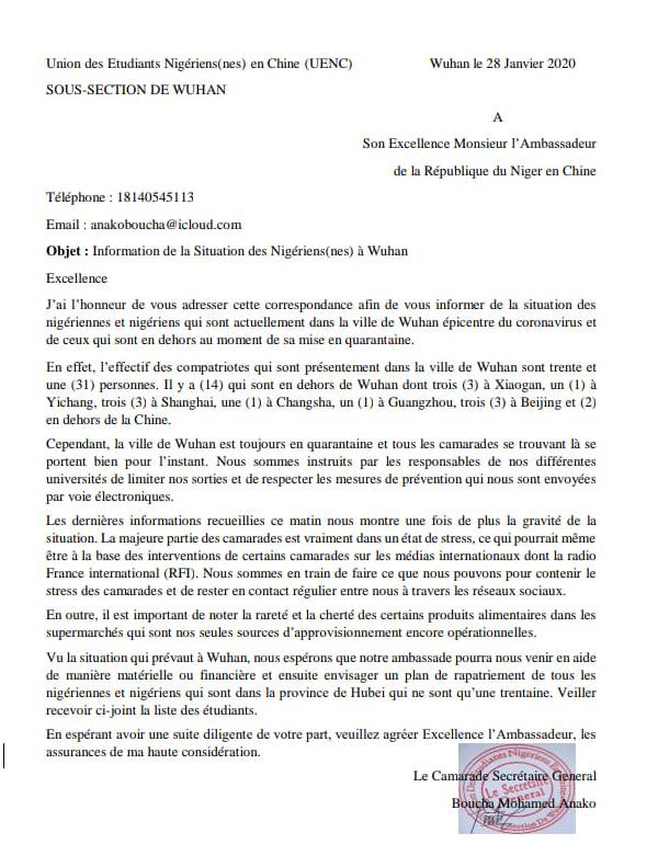 lettre SG etudiants chine