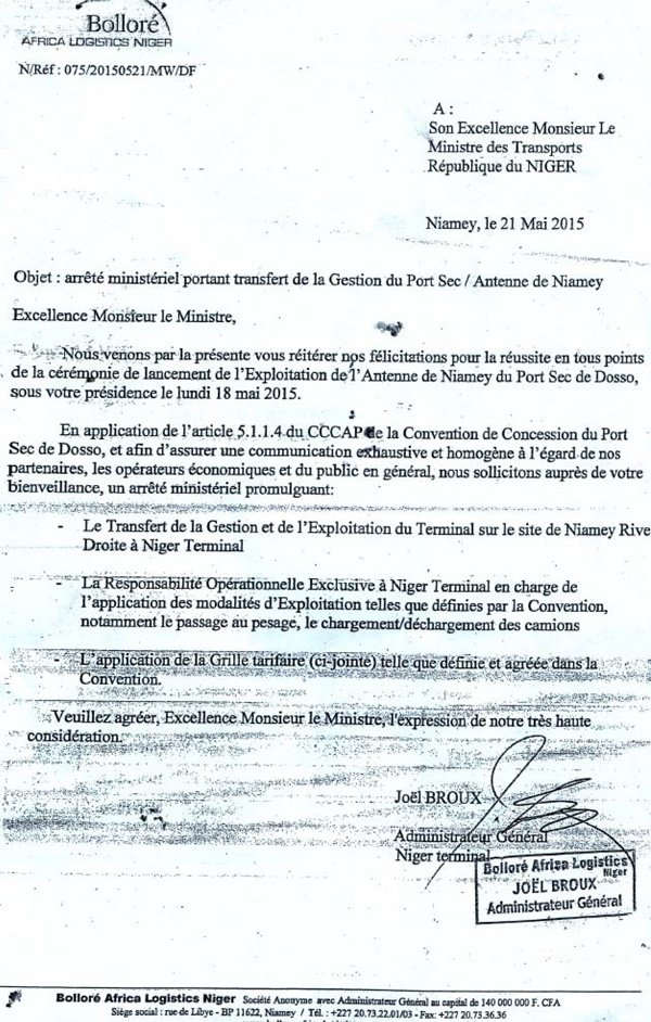 lettre du groupe bolollore au ministre 
